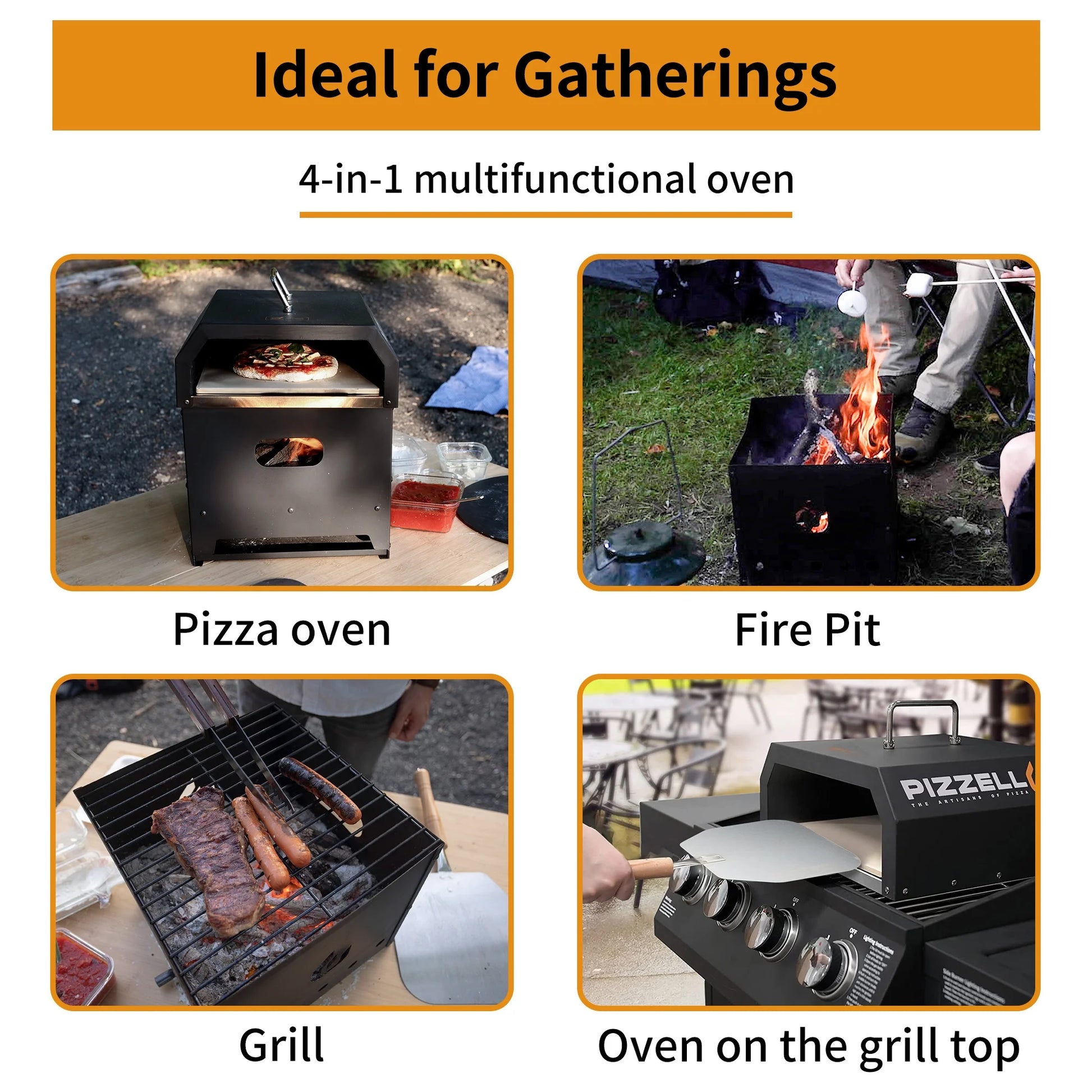 4 in 1 Outdoor Pizza Oven Wood Fired 12 Inch Bbq Pizza Maker 2-Layer Detachable, Black