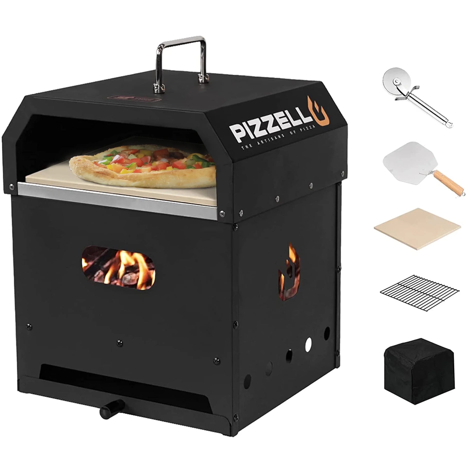 4 in 1 Outdoor Pizza Oven Wood Fired 12 Inch Bbq Pizza Maker 2-Layer Detachable, Black