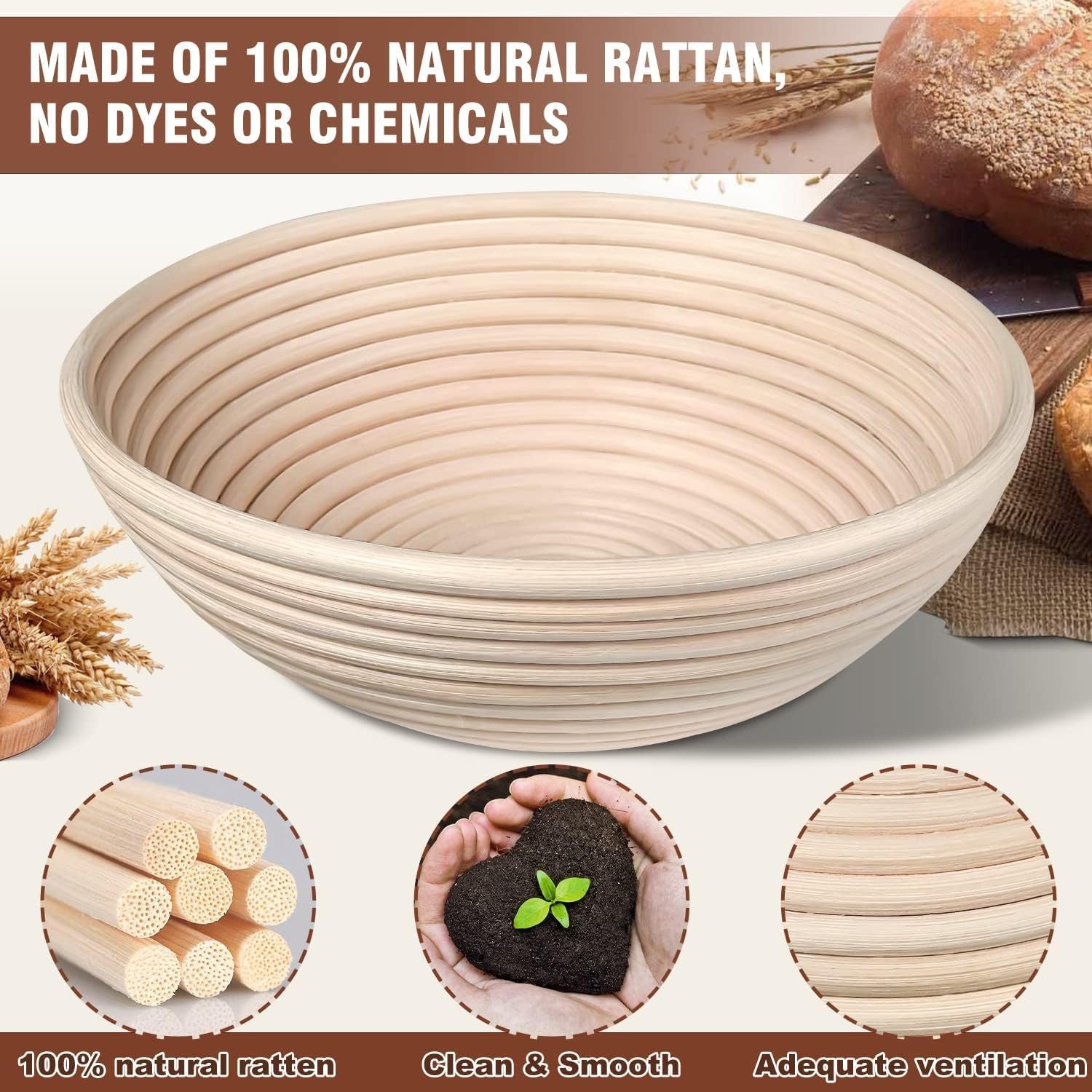 Banneton Bread Proofing Basket, Bread Proofing Basket round 9In, Natural Rattan, Proofing Basket for Bread Baking, Perfect for Professional & Home Bakers